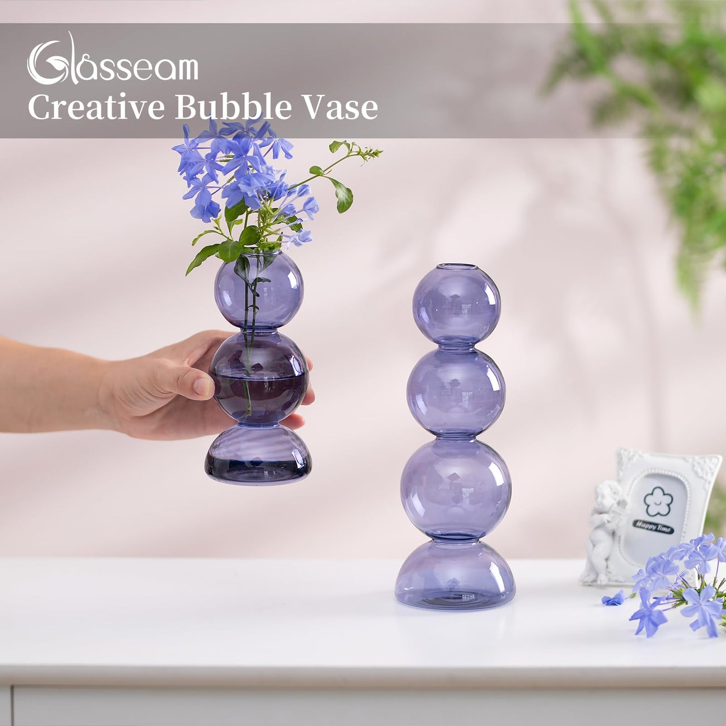 Glasseam Glass Bubble Vase, Cute Light Blue Vases for Flowers, Unique Small Flower Vases for Centerpieces, Ball Aesthetic Decorative Vase, Round Modern Vase for Home Decor Living Room Decorations