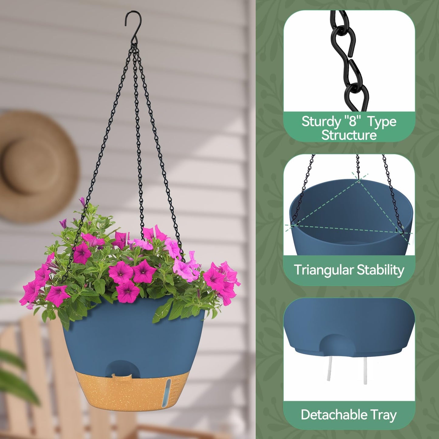 ZMTECH 12 Inch Large Self Watering Hanging Planters for Indoor Outdoor Plants - Water Level Indicator & Removable 60 Oz Reservoir, 1 Pack Plastic Hanging Basket for Window Porch Garden Balcony, Blue