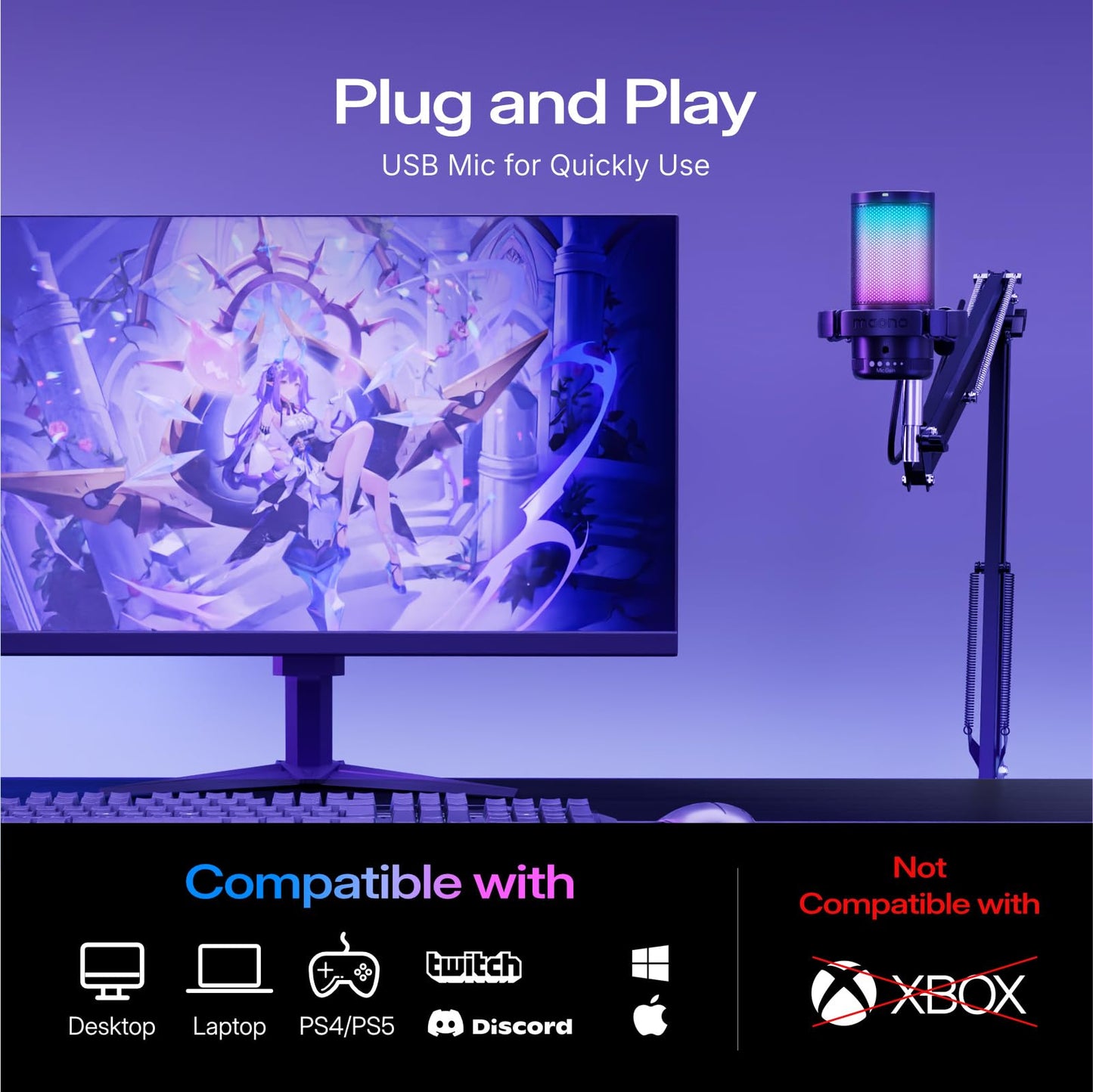 MAONO Gaming USB Microphone, Noise Cancellation Condenser Mic with Mute, Gain, Monitoring, Boom Arm Mic for Streaming, Podcast, Twitch, YouTube, Discord, PC, Computer, PS4, PS5, Mac, GamerWave DGM20S