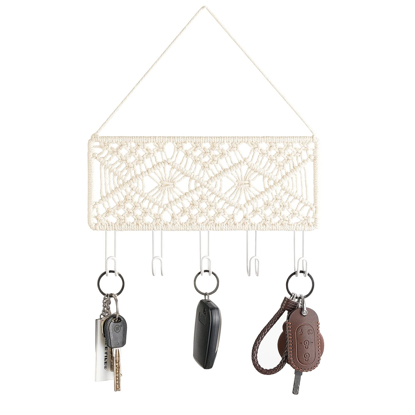 Mkono Macrame Bedside Caddy Storage Organizer Boho Remote Control Tablet Magazine Holder and Key Holder for Wall Decorative Small Macrame Key Holder Boho Home Decor