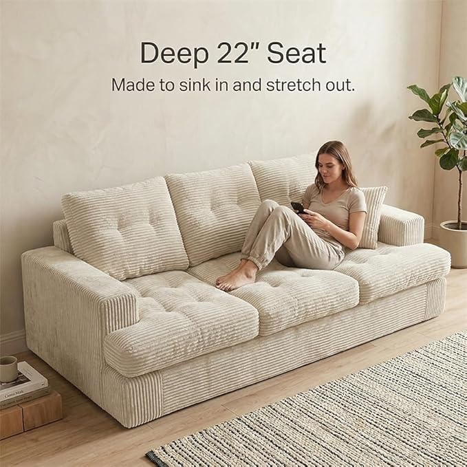 85" Corduroy 3 Seater Sofa in a Box, High-Density Foam Couch, No Assembly