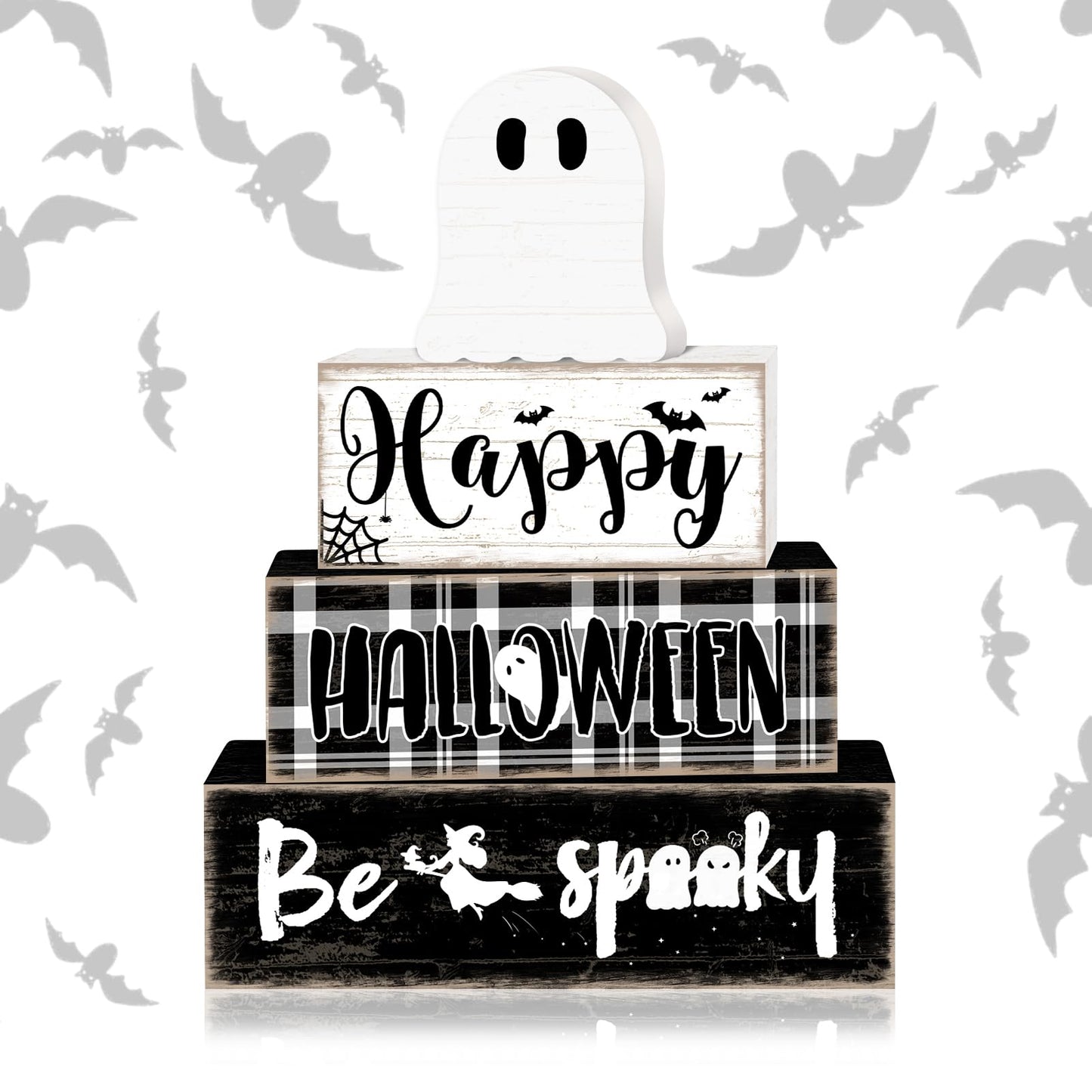 Britimes 4 Pcs Halloween Decorations for Home Ghost Table Decor Halloween Tiered Tray Decorations Set Gift Spooky Stack Block Signs Rustic Farmhouse Tabletop Decor for Table & Home Office