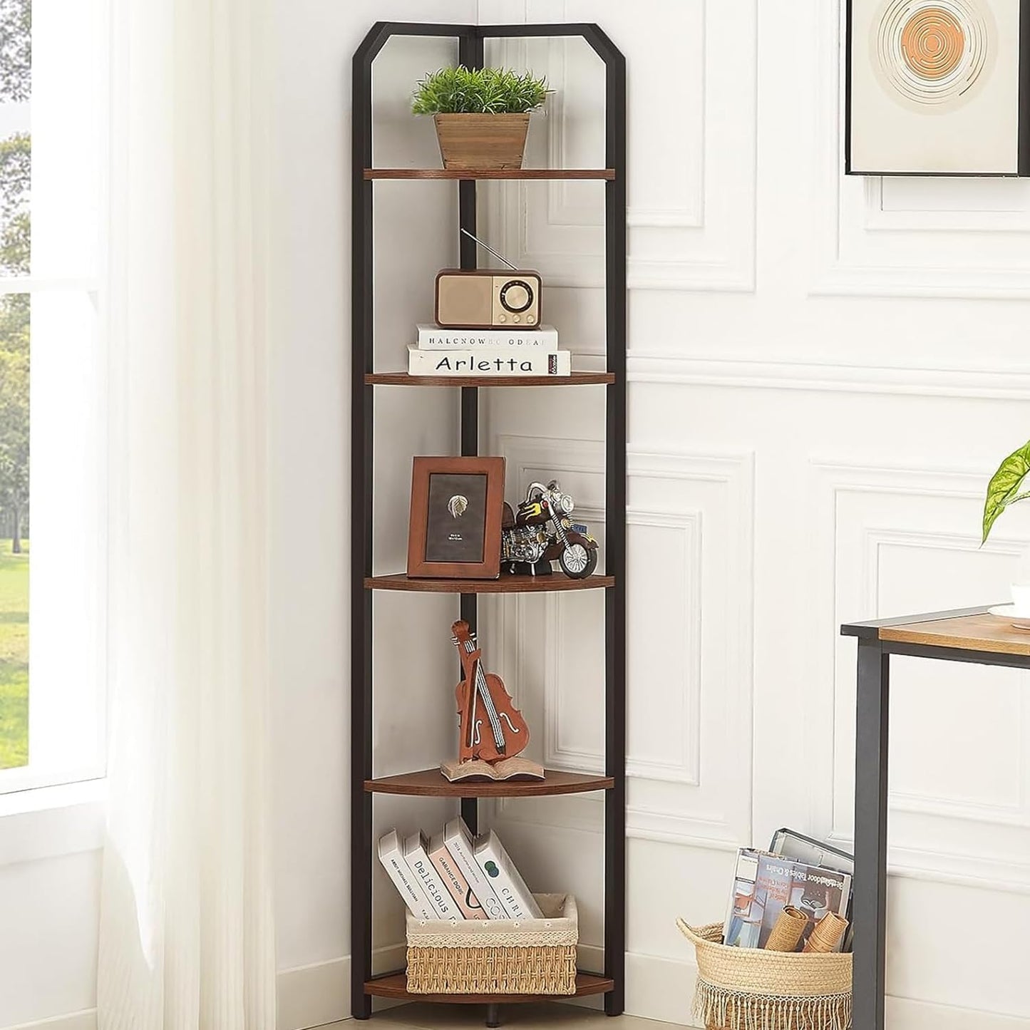 MNEETRUNG Corner Shelf, 5-Tier Industrial Corner Bookshelf, Freestanding Corner Shelf Stand with Metal Frame, Open Corner Plant Stand for Small Space, Home Office, Living Room, Bedroom, Brown