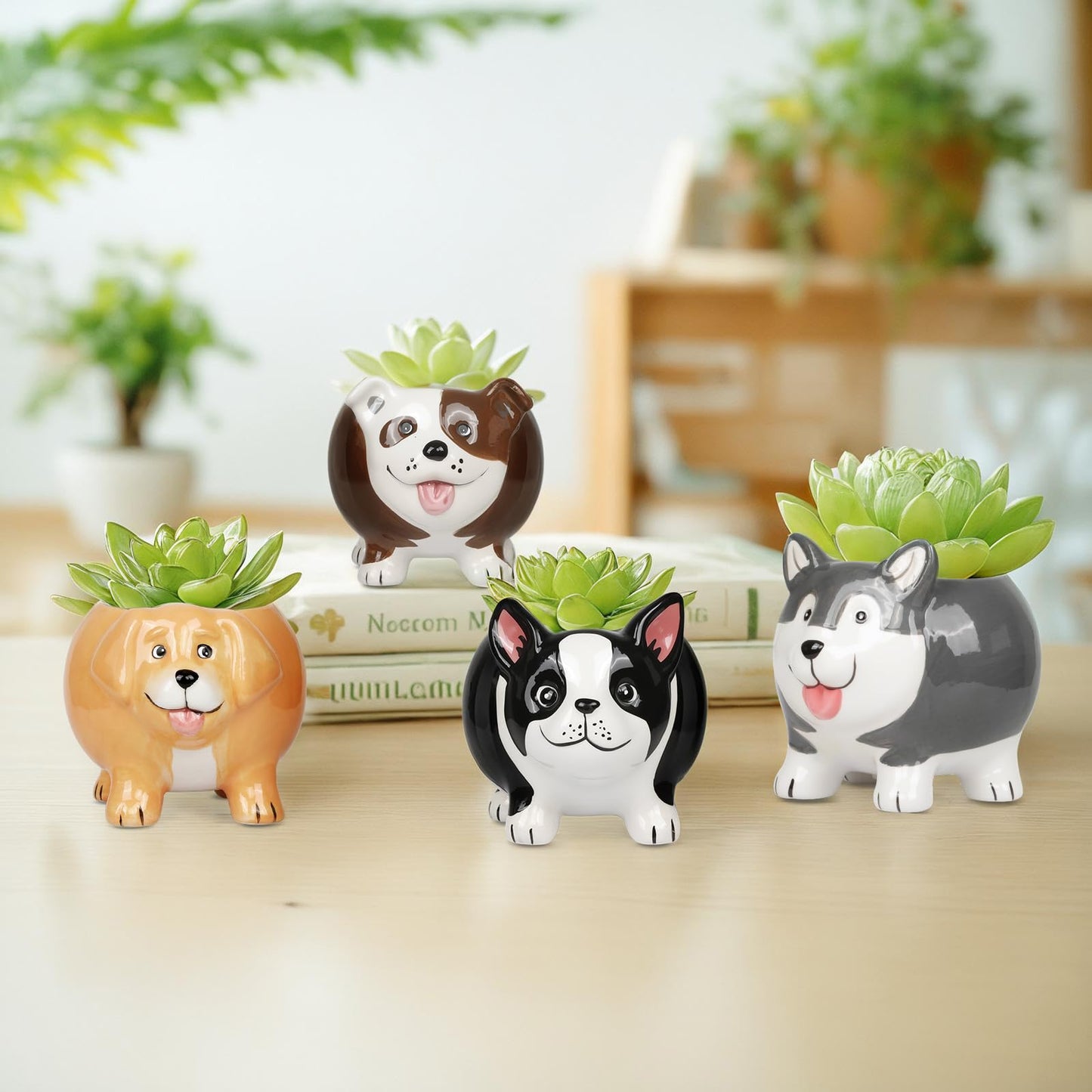 EFISPSS 4PCS Animal Succulent Plant Pots, Mini Doggy Shape Succulent Planter Pots with Drainage Hole, Ceramic Flower Pots for Home Decor and Office Desk Decoration