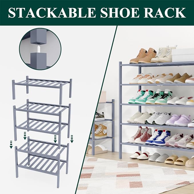 Smiry Long Bamboo Shoe Rack, 5 Tier Free Standing Wooden Shoe Organizer, Stackable Wood Shoe Storage Shelf for Closet, Entryway, 12 Vertical Slats, 2+2+1 Stack Standard Legs, 33.7"x11"x32.5", Grey