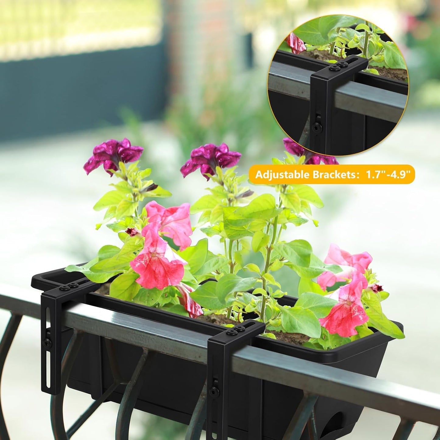 FANSXIVITA Balcony Planters Railing Hanging, Deck Railings Planter Boxes 16.9in, Railing Planter Box, Deck Planters for Railings, Railing Flower Box with Metal Brackets, Black (4Pcs)