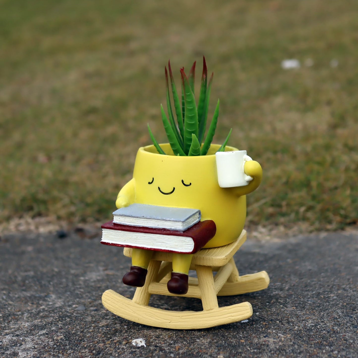 Dolkgy Funny Planters for Indoor Outdoor Plants, Adorable Rocking Chair Drinking Coffee Book Face Plant Pots, Unique Yellow Head Planters Flower Vase Succulent Pots