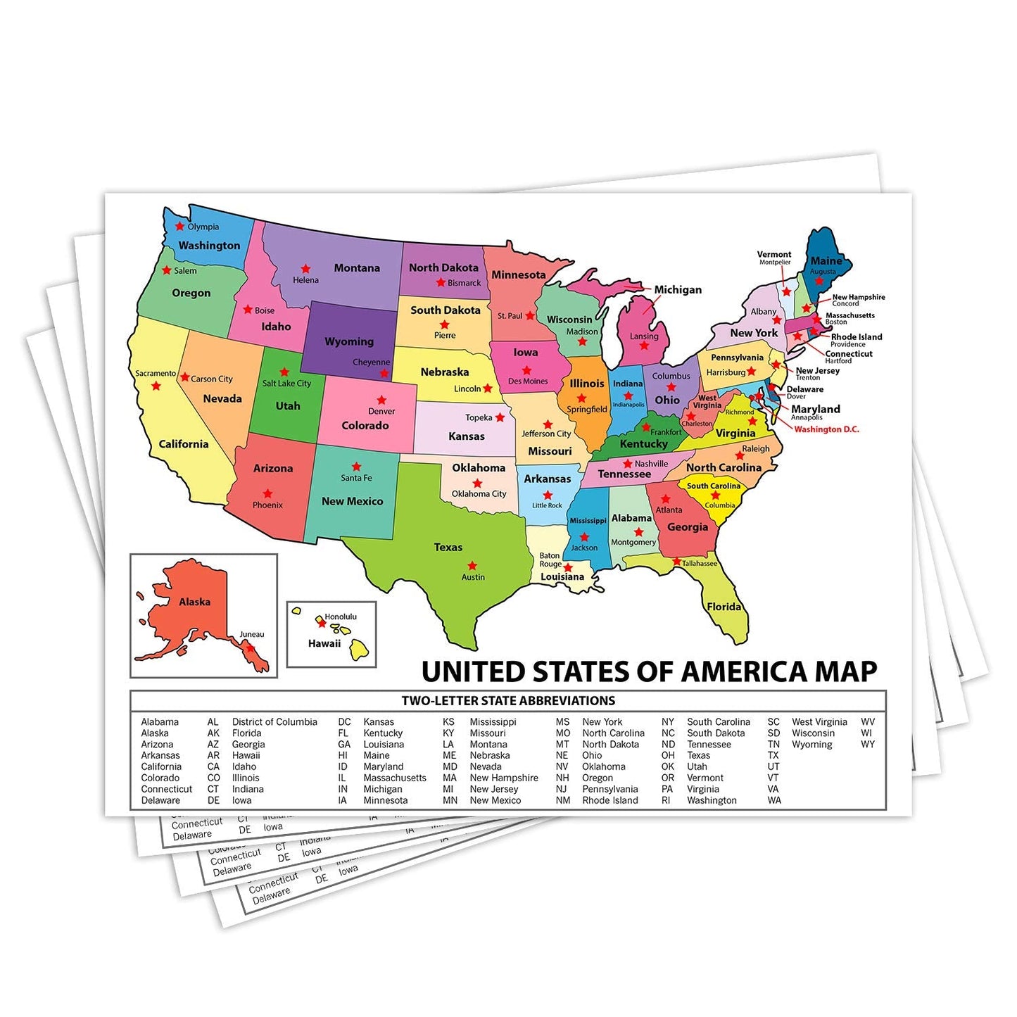 United States Map - USA Poster, US Educational Map - With State Capital - for Ages Kids to Adults- Home School Office - Printed on 12pt. Glossy Card Stock | Bulk Pack of 10 | 8.5 x 11 Inches