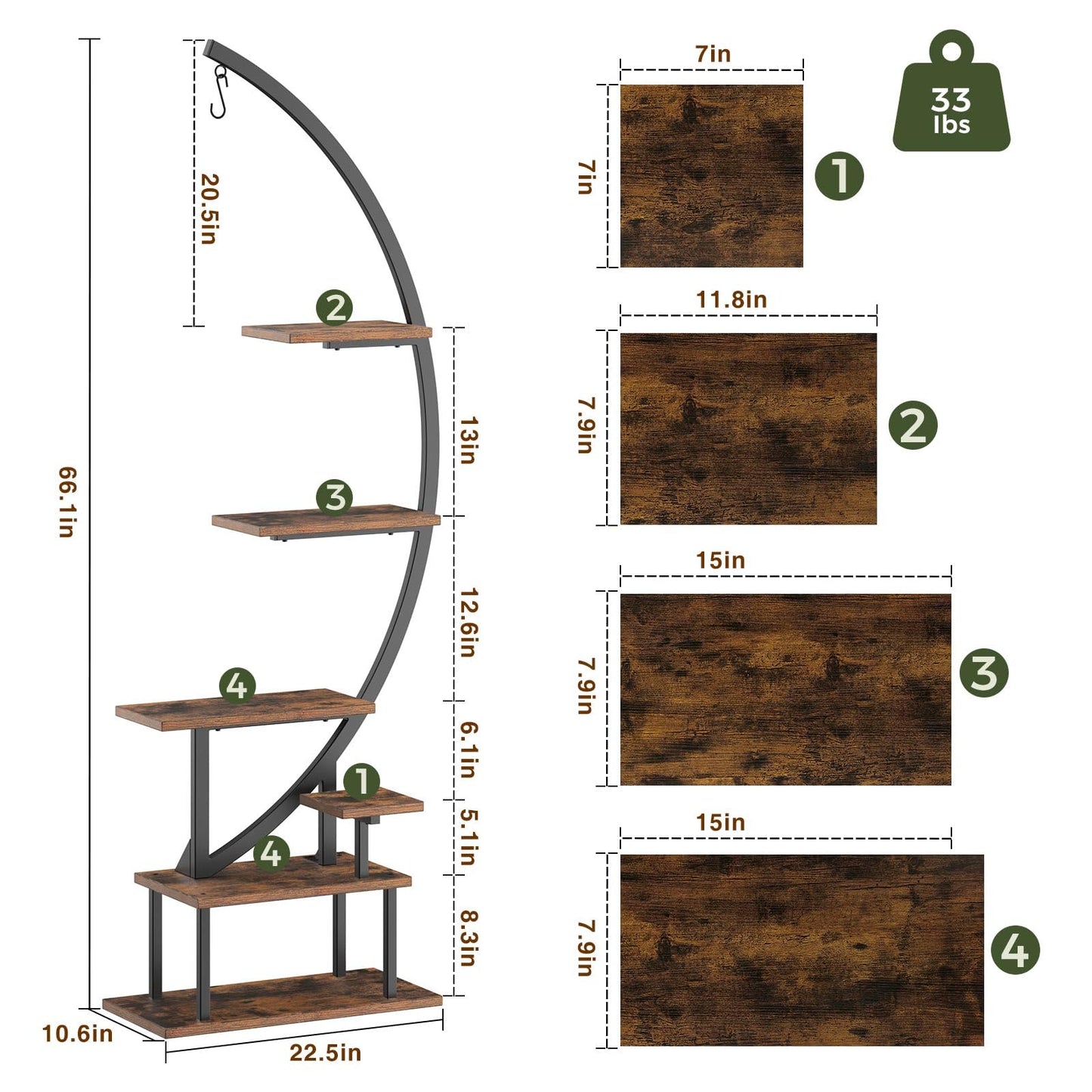GREENSTELL Plant Stand Indoor with Grow Light, 7-Tiered Tall Metal Plant Stand for Indoor Plants, Half-Moon Shape Display Shelf for Living Room, Balcony, Patio, Brown (2 Pack)