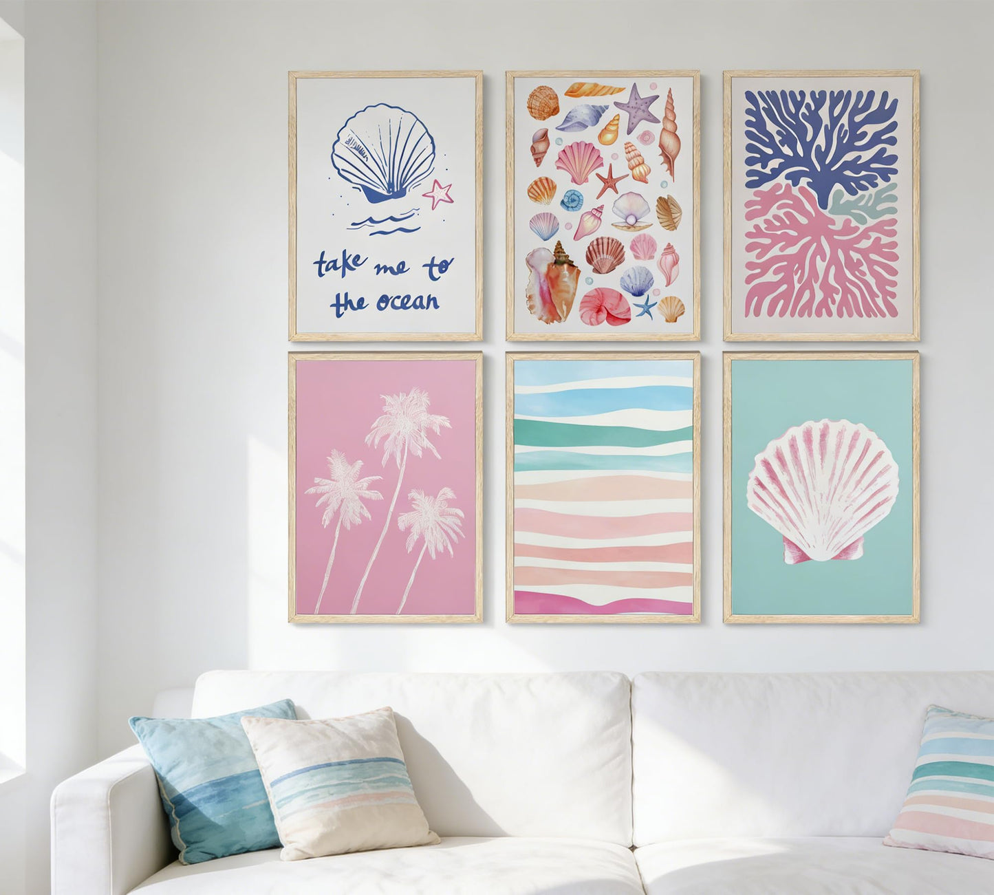 Pink and Blue Coastal Wall Art, 6 Pcs Preppy Beach Wall Decor, Unframed Canvas Posters for Bathroom Bedroom, Seashell Coral Palm Tree Ocean Prints, Neutral Boho Beach House Decor 12x16in Unframed