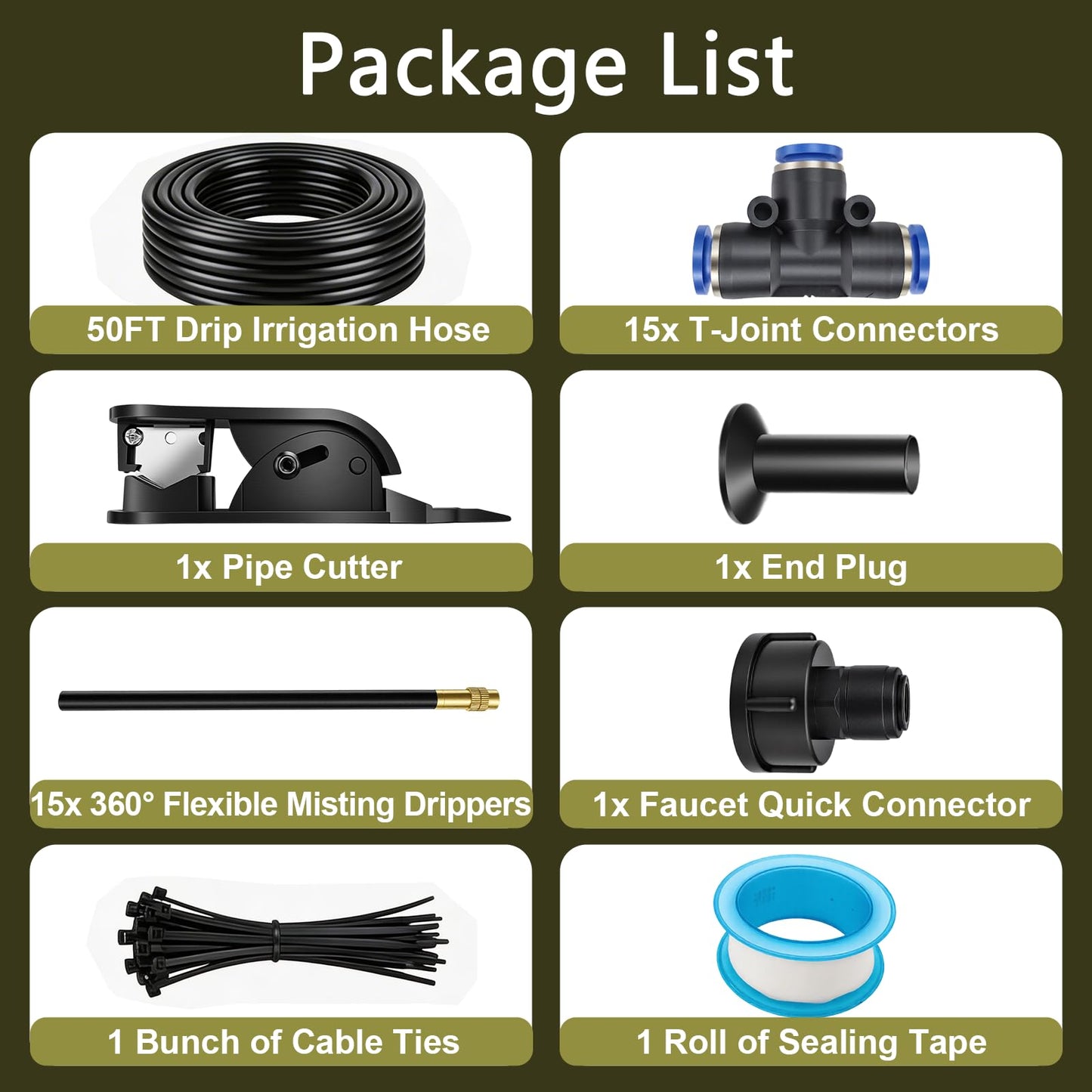 50FT Drip Irrigation Kit for Garden Beds, Greenhouse & Potted Plants – Adjustable Micro Watering System with 1/4" Distribution Tubing, Emitters, Connectors & Stakes
