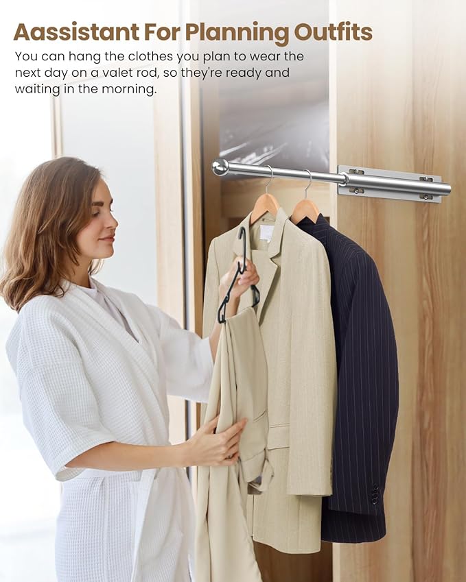 Supforce Valet Rod for Closet Pull Out, Retractable Slide Out Valet Rod Closet Organization, 12" Aluminum Valet Clothing Hanger Rods Perfect for Suits, Freshly Pressed Clothes, White