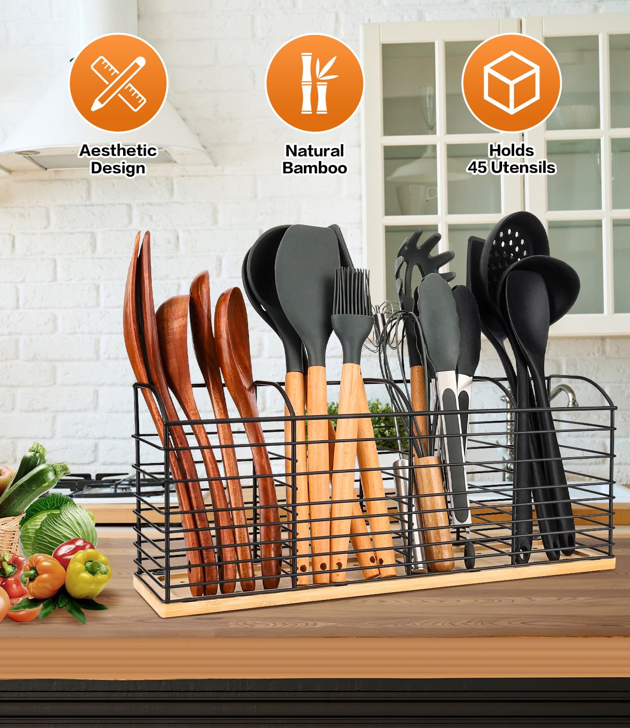 PrimZooty Extra Large Utensil Holder for Kitchen Counter - 15.7"x 6.7"x 4.4", Aesthetic Design, Anti-Slip Mat, 4 Compartments, Black Cooking Utensil Organizer for Countertop, Spatula Utensil Caddy