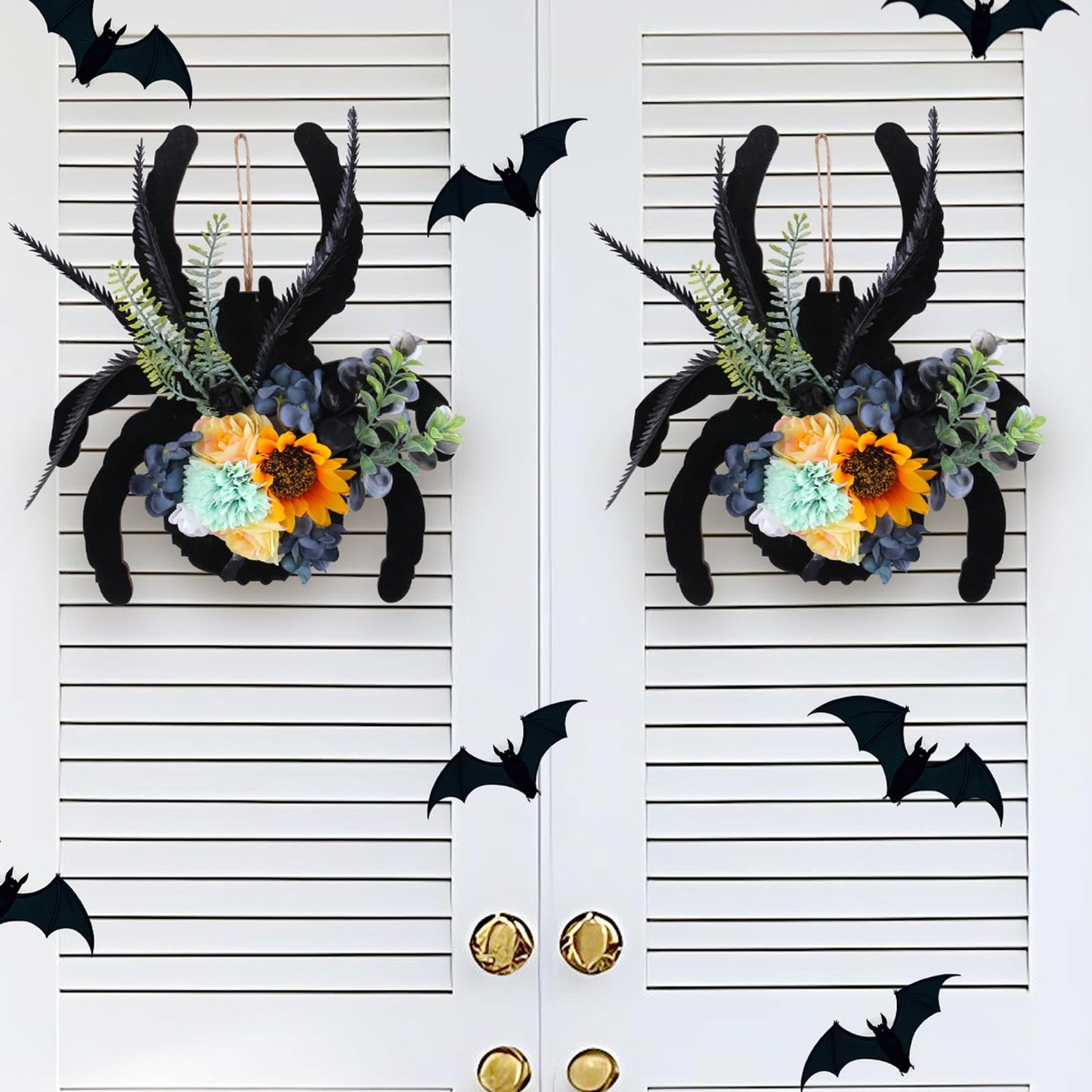 Halloween Spider Wreath with Sunflowers and Black Feathers, Wooden Pendant for Front Door Decoration Fall Halloween Party Decor Supply