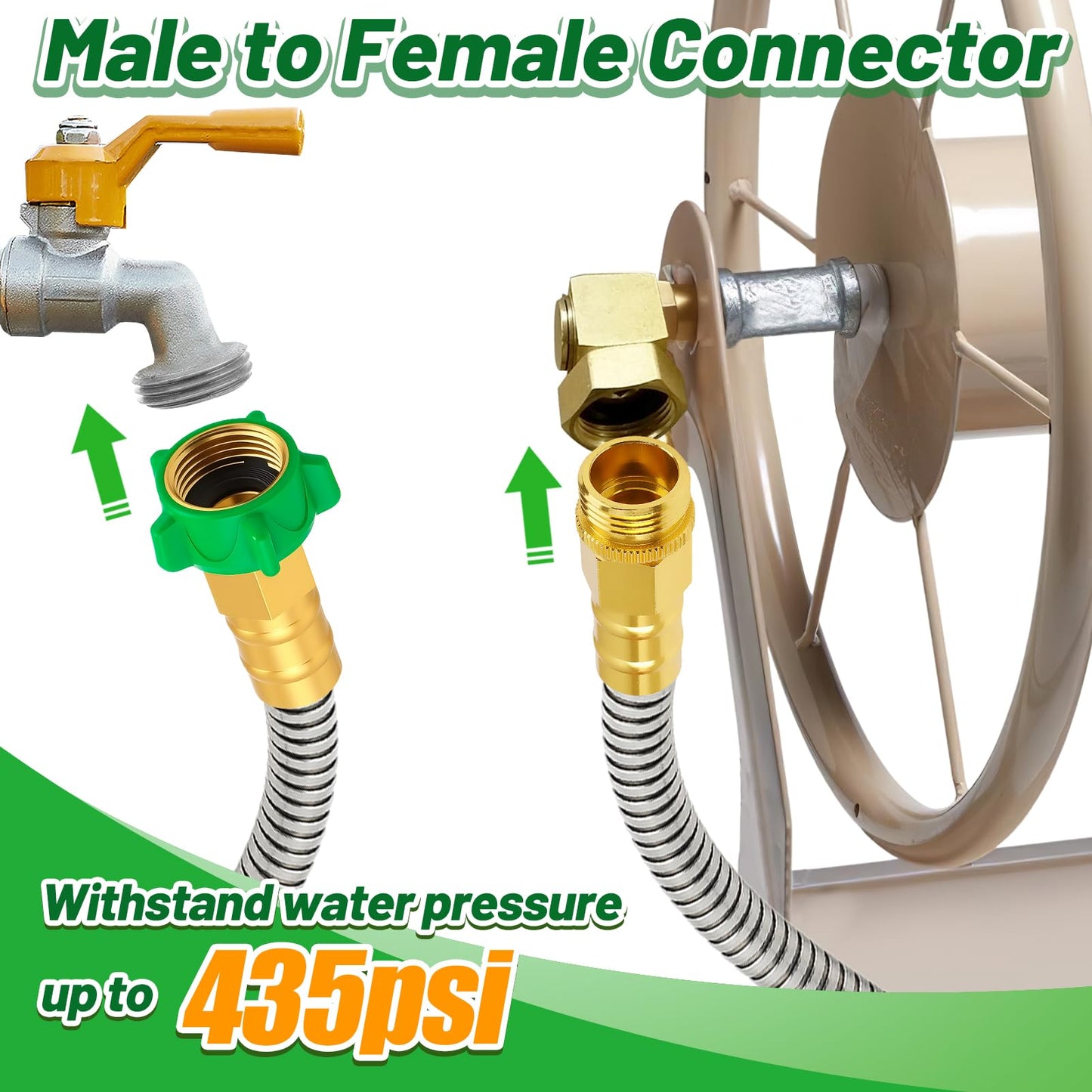 Short Garden Hose with Male to Female Connector - 10ft Metal Leakproof Leader Hose for Hose Reel, Heavy Duty 304 Stainless Steel Flexible Hose for Outdoor Garden Watering Car Pet Cleaning