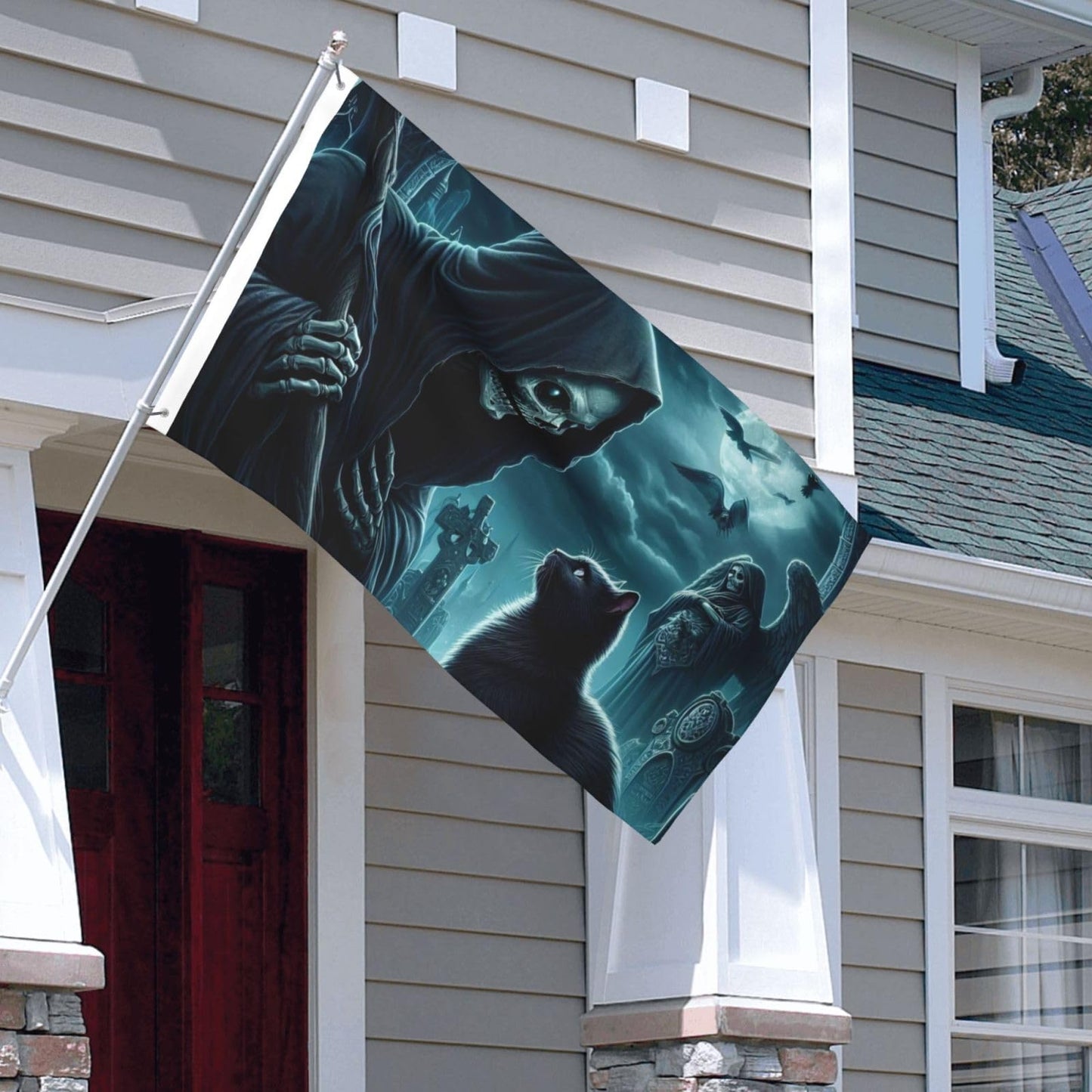 BOXIMIAO Reaper And Black Cat At Cemetery Flag 3x5 Ft Outdoor Polyester Garden Flag Double Sided Banner For Yard Lawn Porch Balcony Home Decorations