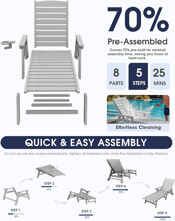 KINGYES HDPE Lounge Chair Outdoor, Patio Chaise Lounge Recliner