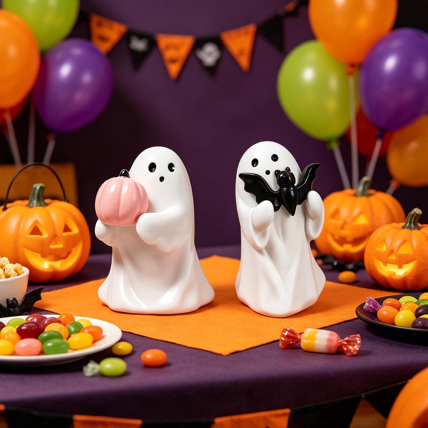 WGXIA Ghost Figurine Decor - 2Packs Small Halloween Ghost Statue for Home Decorative - Cute Mini Spooky Ghosts Pink Halloween Decor for Desk Office Table Centerpieces Ornament (White - Set of 2)