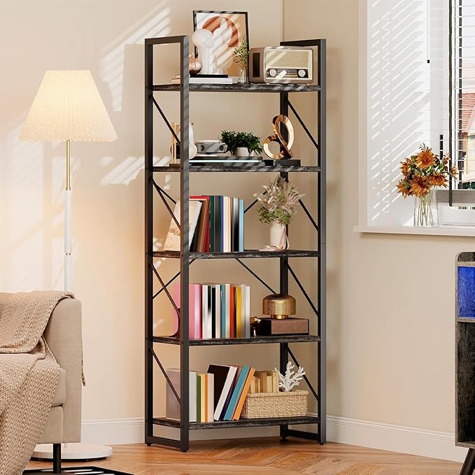 DWVO 5 Tier Bookshelf, Industrial Bookshelves Open Shelf Bookcase, Storage