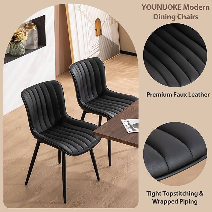 YOUNUOKE Black Dining Chairs Set of 2, Faux Leather Upholstered Kitchen &