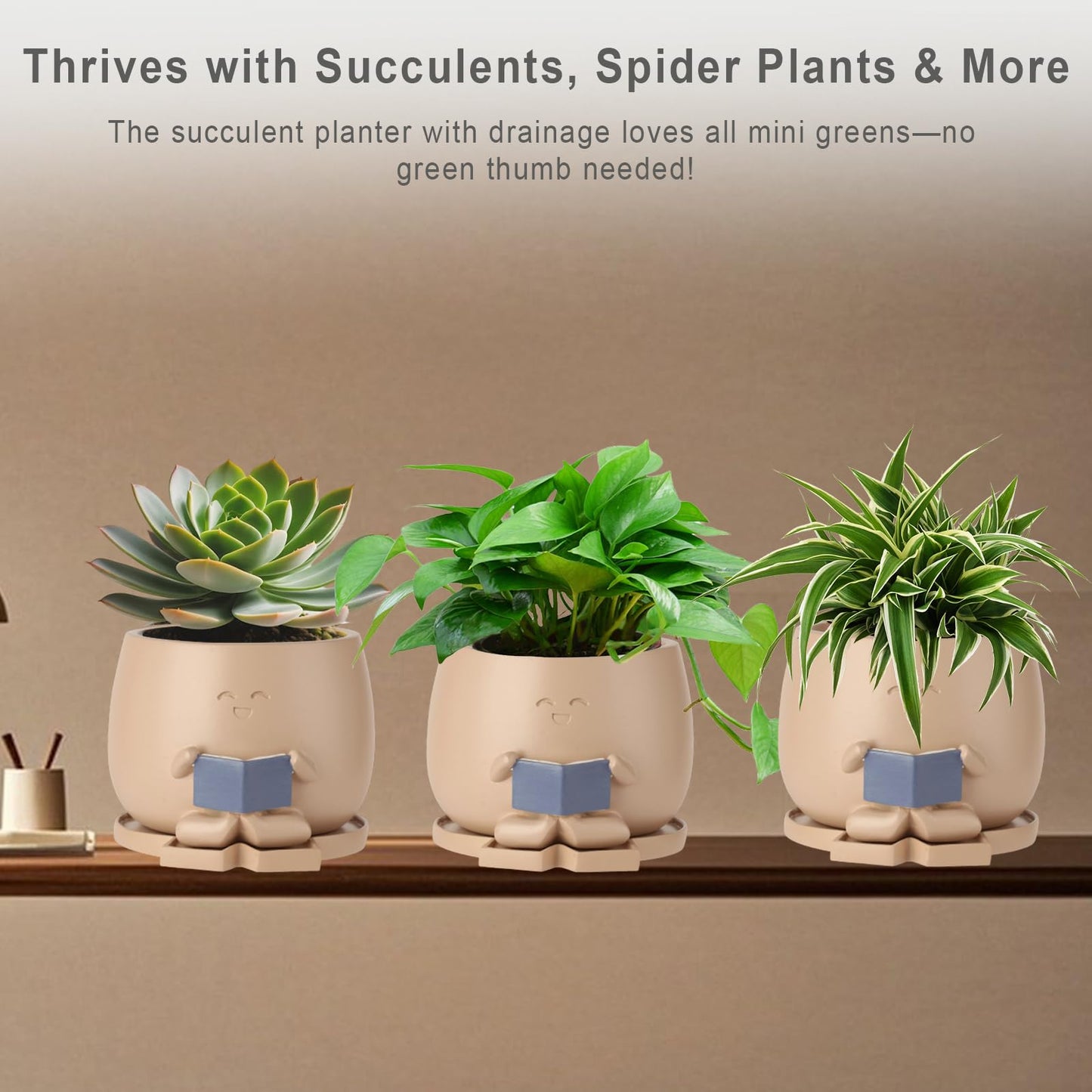 Onzbala Bookworm Planter Pot with Drainage Cute Plant Pots for Succulents & Small Plants | Teacher Gifts Housewarming|Book Lover Gift, Indoor Planters | Christmas Teacher Gift Mother Dad Appreciation