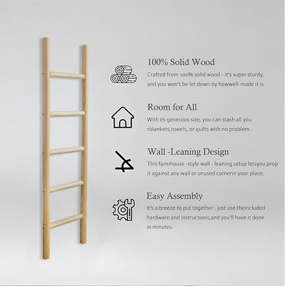 Wooden Blanket Ladder - 57in Natural Wood Color- Leaning Wall Decor for Bedroom, Bathroom, Living Room - Rustic Quilt Holder (Light Wood Color, 57in | Knock Down)