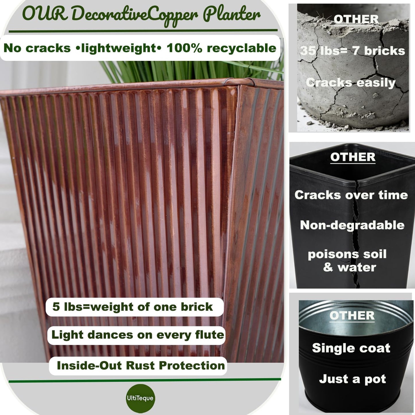 Ultiteque18 H x13 Dia Large Copper Metal Planter Set of 2, Tall Square Tapered Steel Flower pots for Indoor Plants, Indoor Plant Pots Lightweight for Apartment Office, Planter Pots with Drainage&Plug