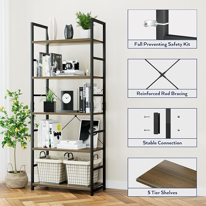 NUMENN 5 Tier Bookshelf, Tall Bookcase Shelf Storage Organizer, Modern Book