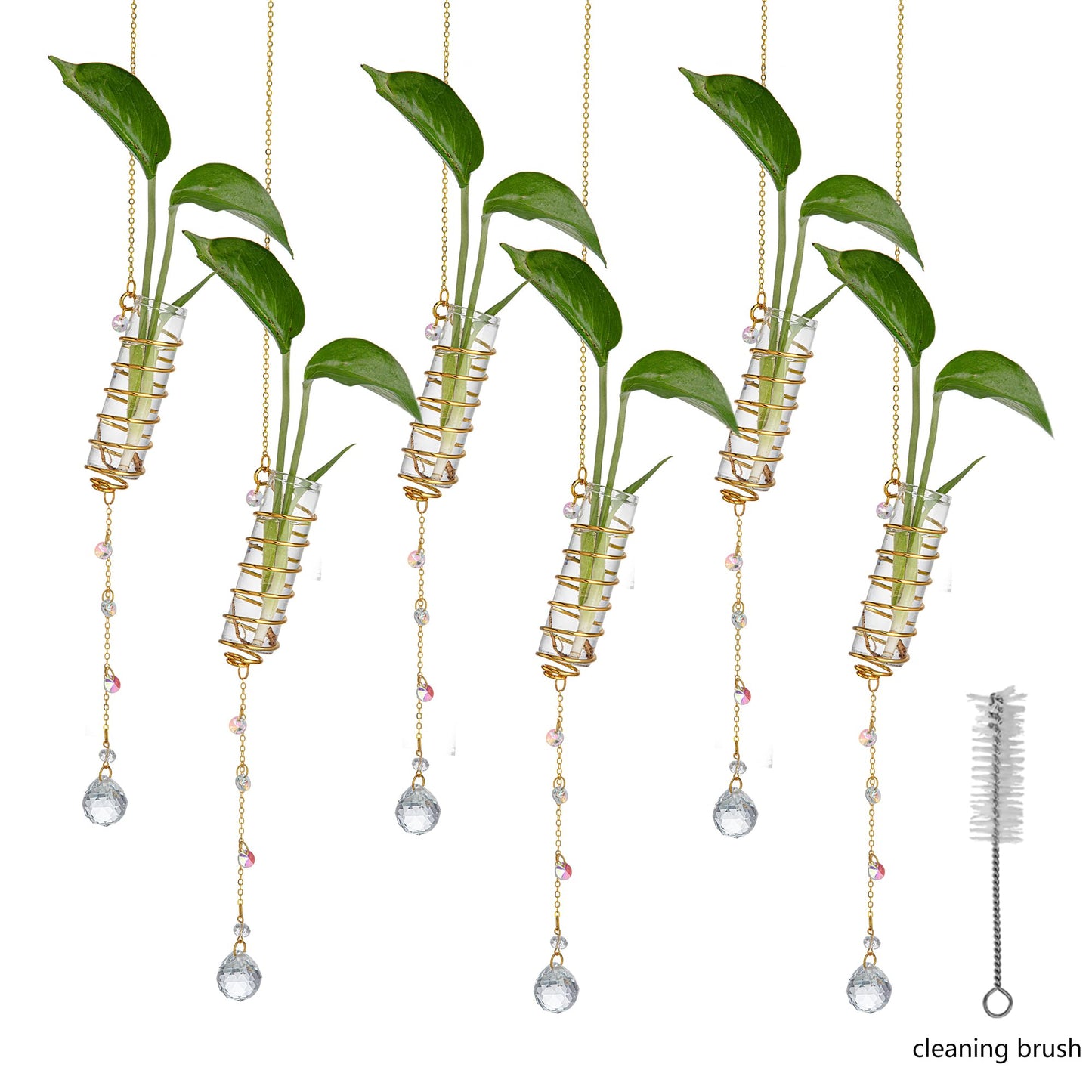H&D HYALINE & DORA 6 Pcs Hanging Propagation Station with Crystal Ball Prisms Suncatcher and Cleaning Brush, Glass Wall Vases Crystals Prism Hanging Decor for Windows Home Wedding Decoration(Golden)