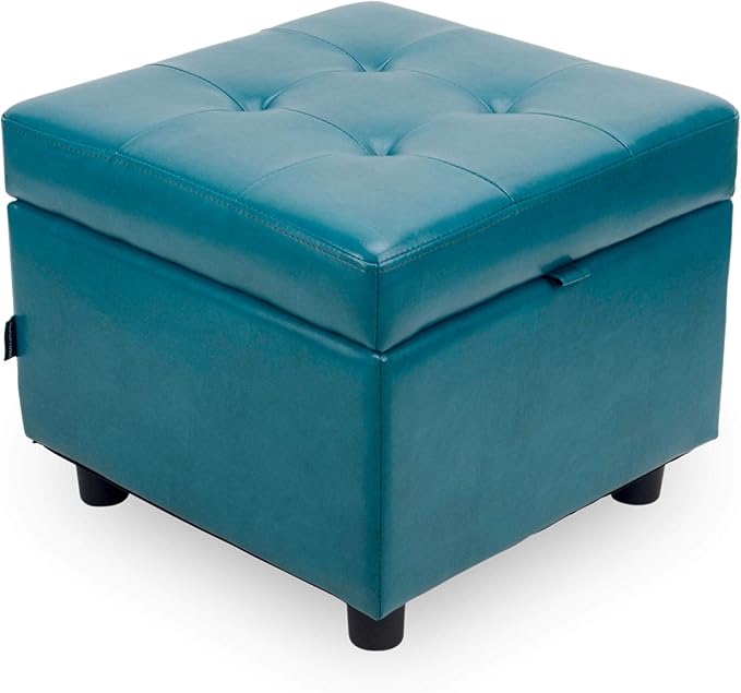 H&B Luxuries Tufted Leather Square Flip Top Storage Ottoman Cube Foot Rest