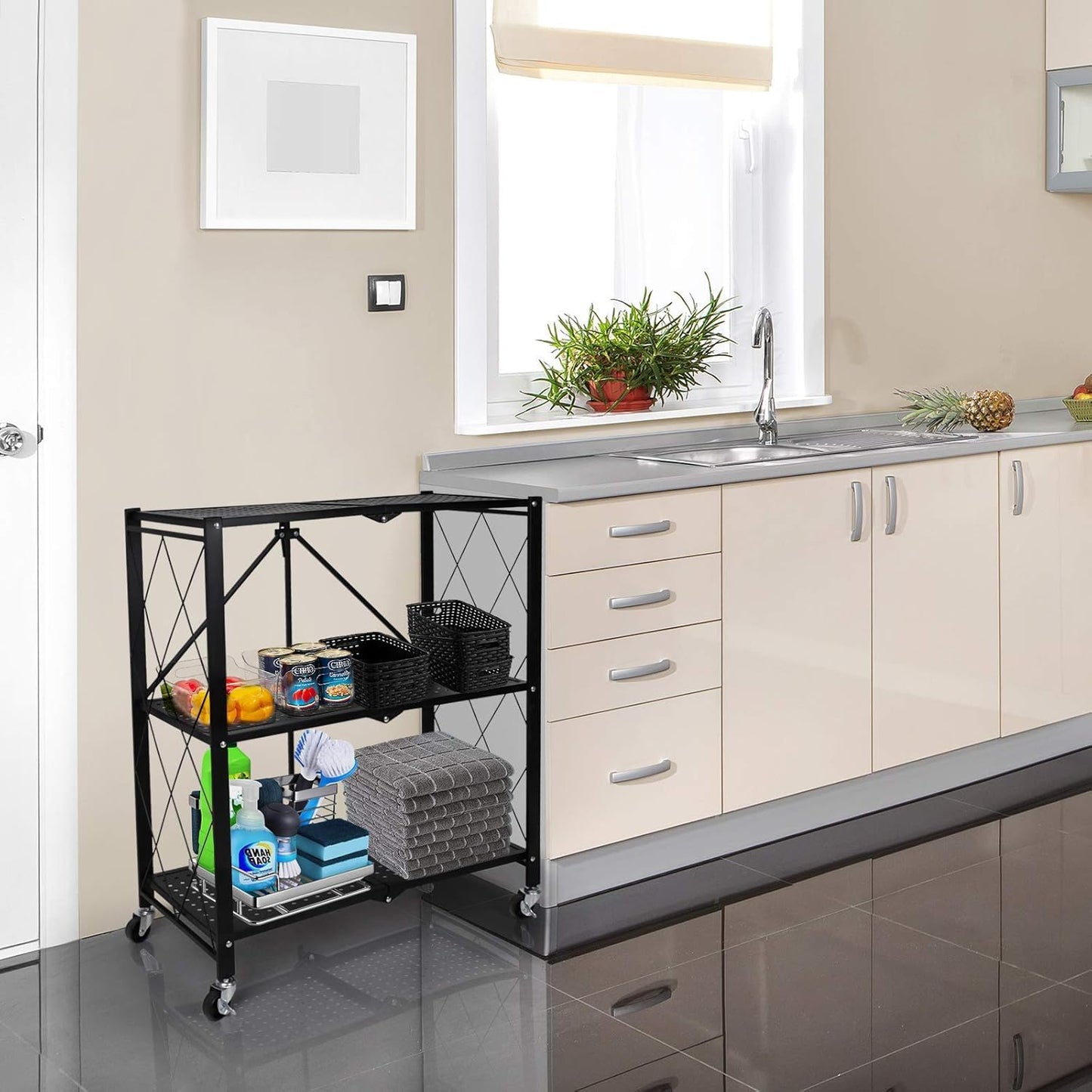 Kitchen Garage Metal Shelves, Storage Shelves Organizer, Foldable Metal Shelving, Closet Shelving Unit, 28" W x 14" D x 34" H Bakers Rack Microwave Stand, Plant Stand with Wheels (3-Tier Shelf)
