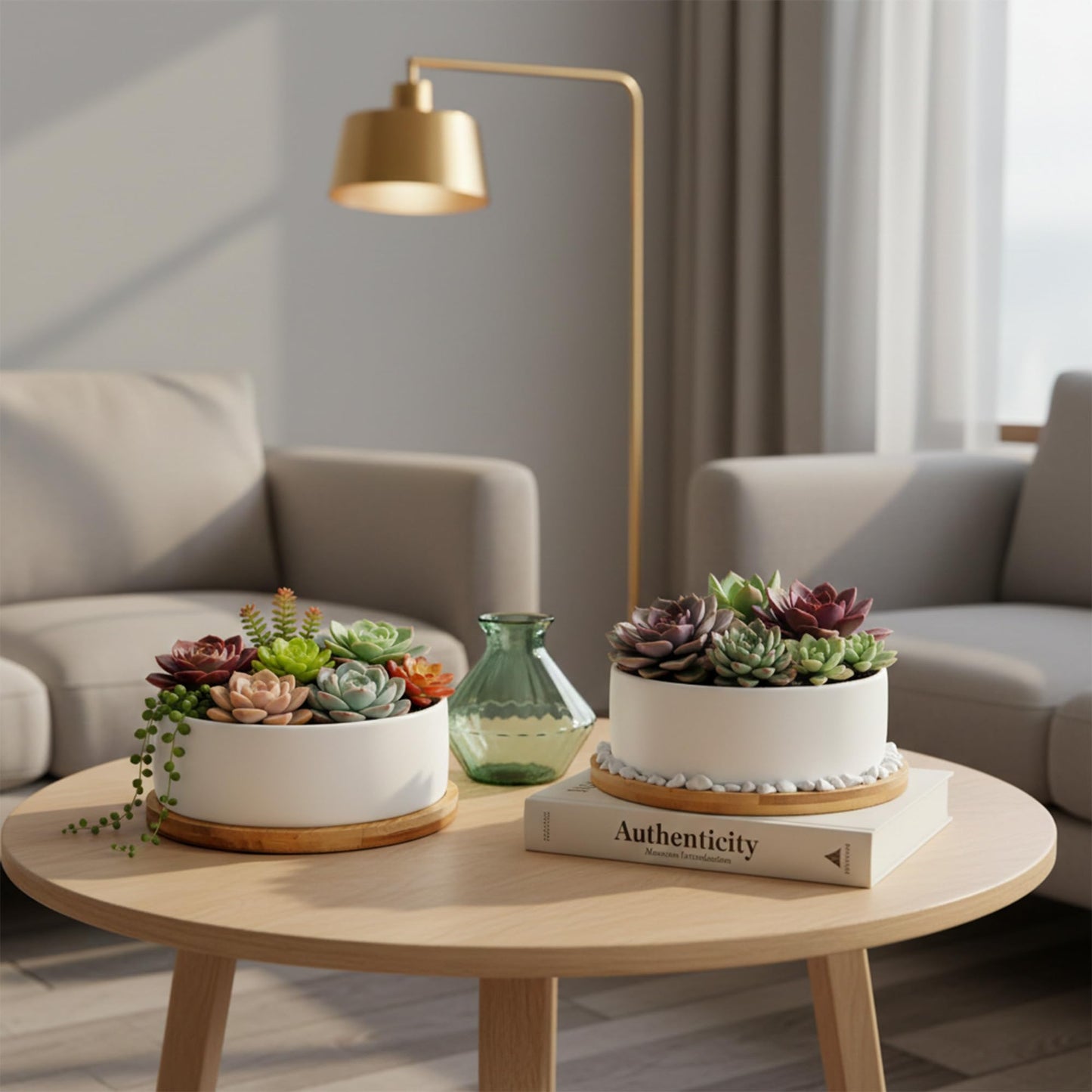 ARVINKEY White Ceramic Succulent Plant Pots, Set of 2 Round Planter Small Cactus Container, Bonsai Pots, Succulent Pots with Drainage Hole& Bamboo Tray (No Plant)