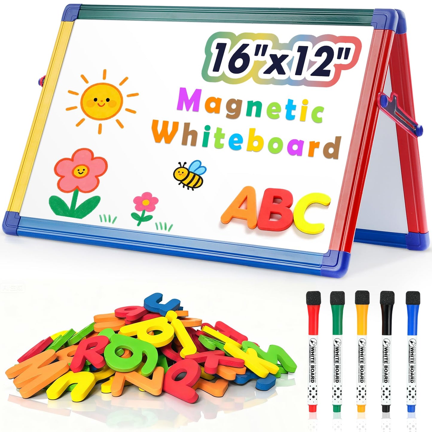 SWANCROWN Portable Dry Erase White Board for Kids, 16x12 inch Toddler Boy Girl Toys Magnetic Table top Whiteboard Small Double Sided Art Easel with 82Pcs Letter Magnets Magnetic Foldable Board
