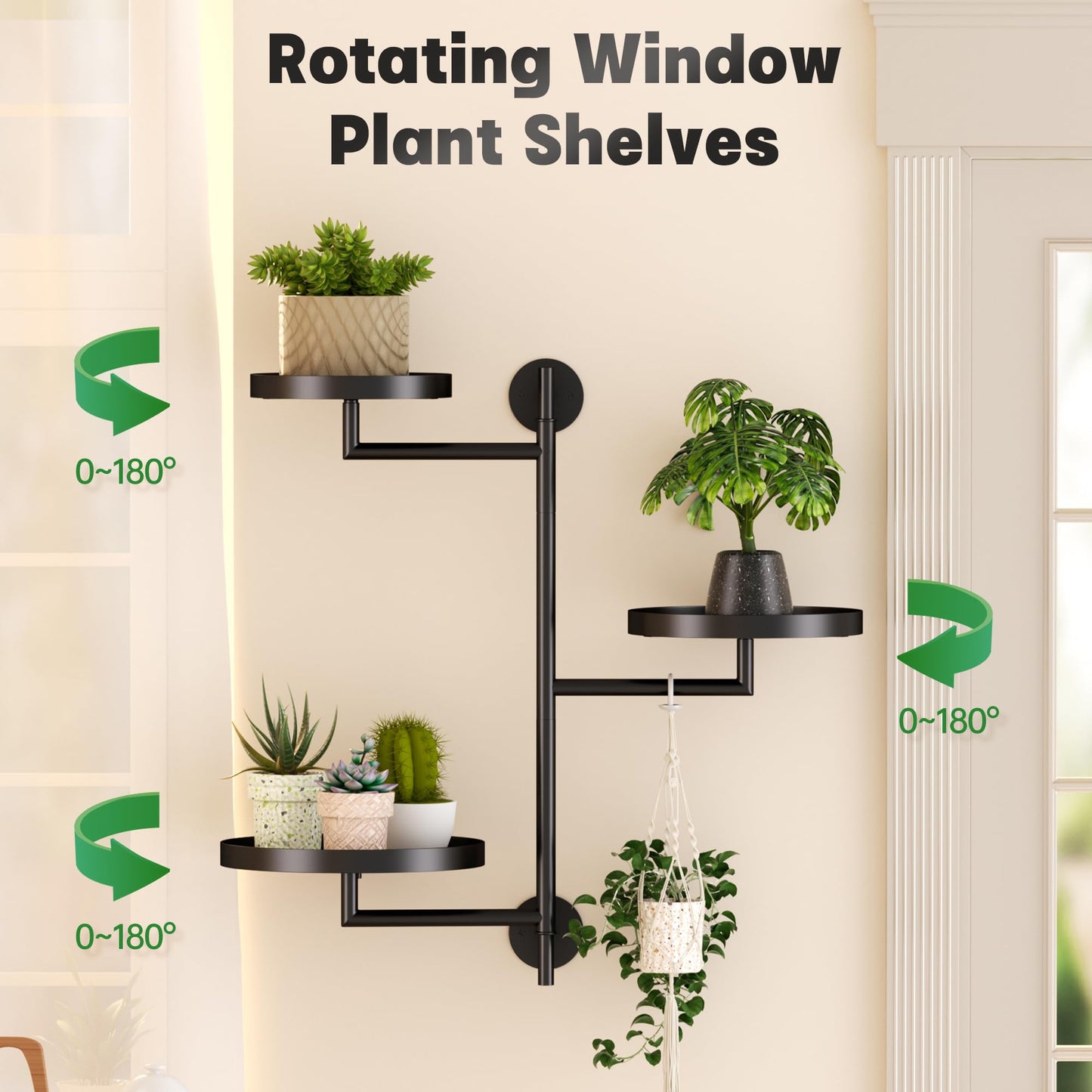 YQSLYSF Window Rotating Plant Stand Shelf Indoor Black Metal Floating Shelves 3-Tier Wall Mount Plant Holders for Living Room Wall Planter Modern Home Decor for Gardening