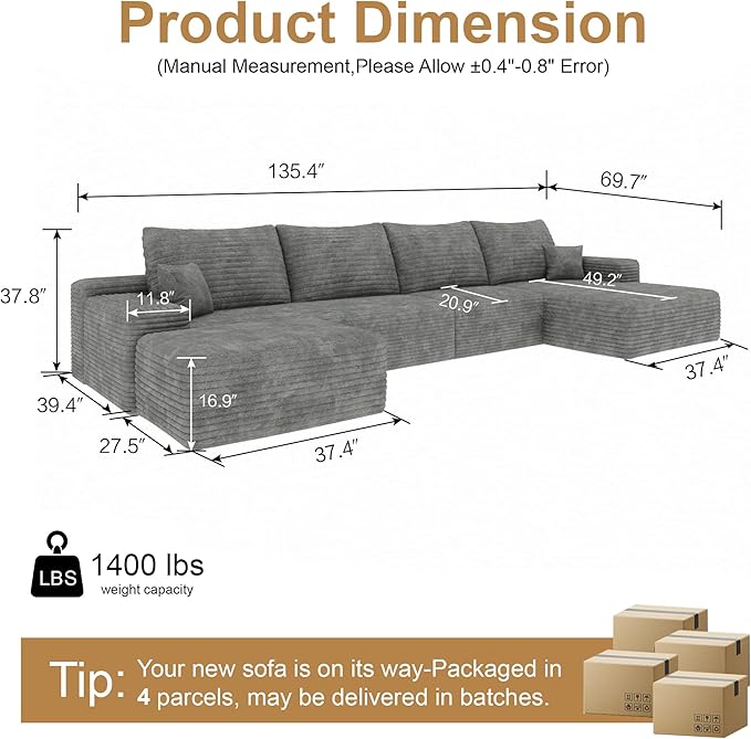 136" Sectional Couches for Living Room Cloud Couch Sofa