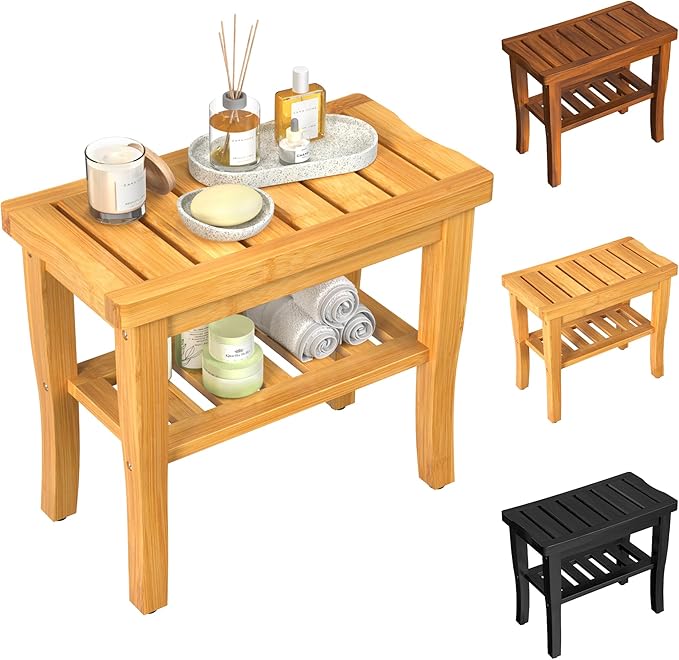 Bamboo Shower Bench Stool with Storage Shelf Waterproof Shower Chair Spa Bath