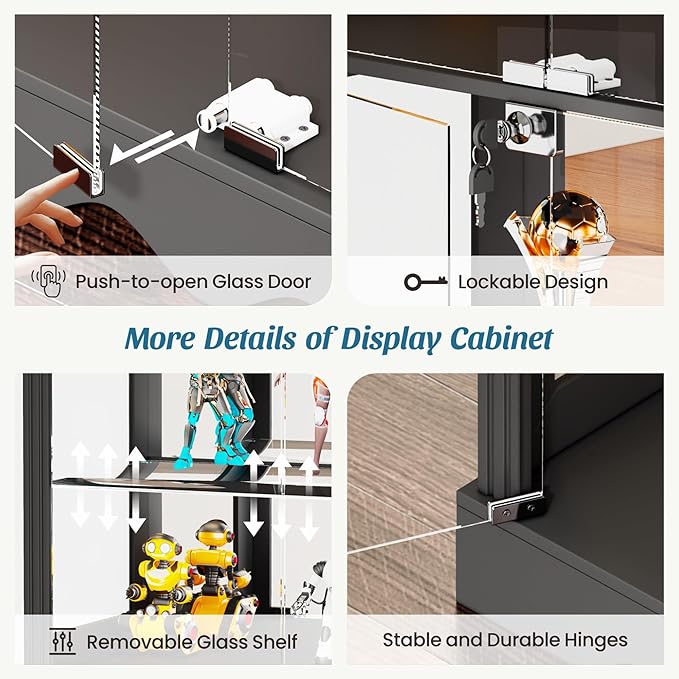 Dystler Display Cabinet with Glass Doors, LED Display Case with Removable Shelf