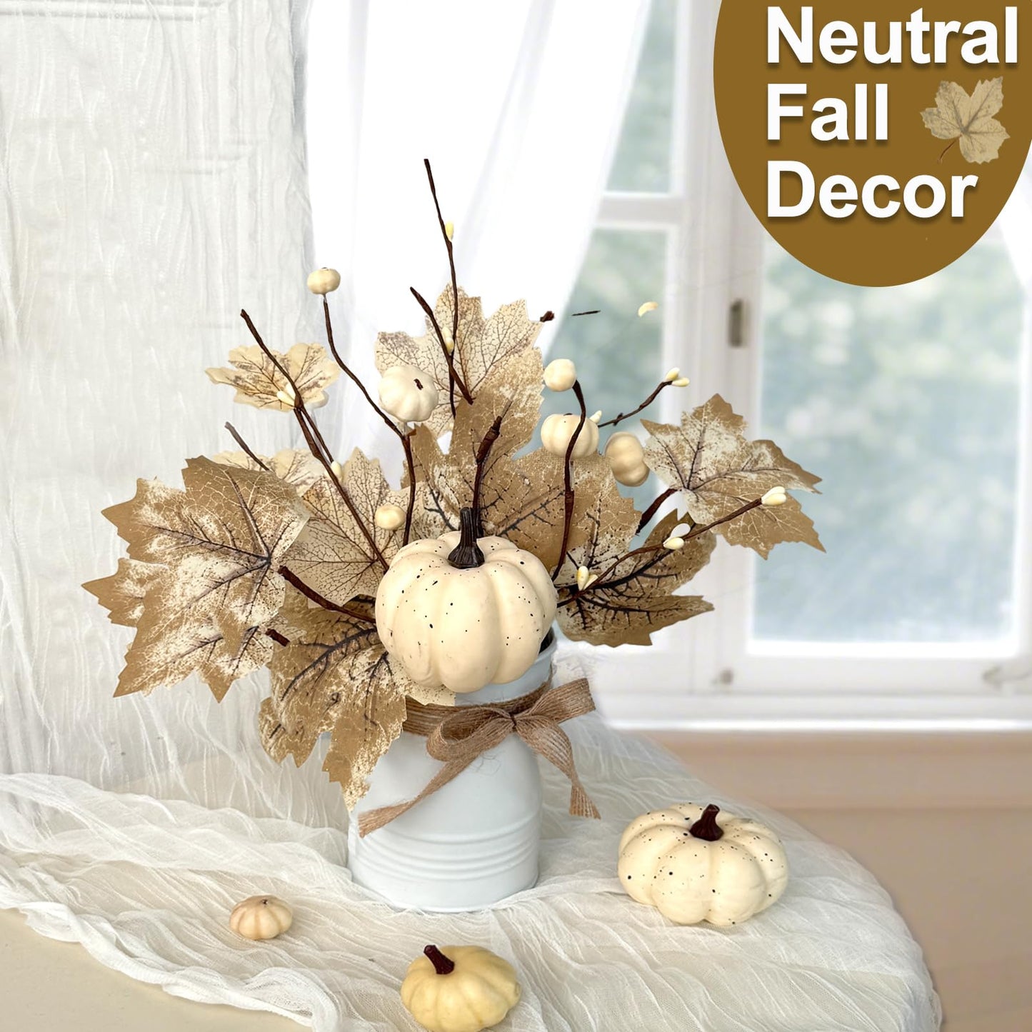2 Pack 12" Fall Decorations Fall Centerpieces for Tables Potted White Maple Arrangement in Metal Pot White Pumpkin Berried Autumn Thanksgiving Decorations for Home Table Kitchen Office Farmhouse Decor