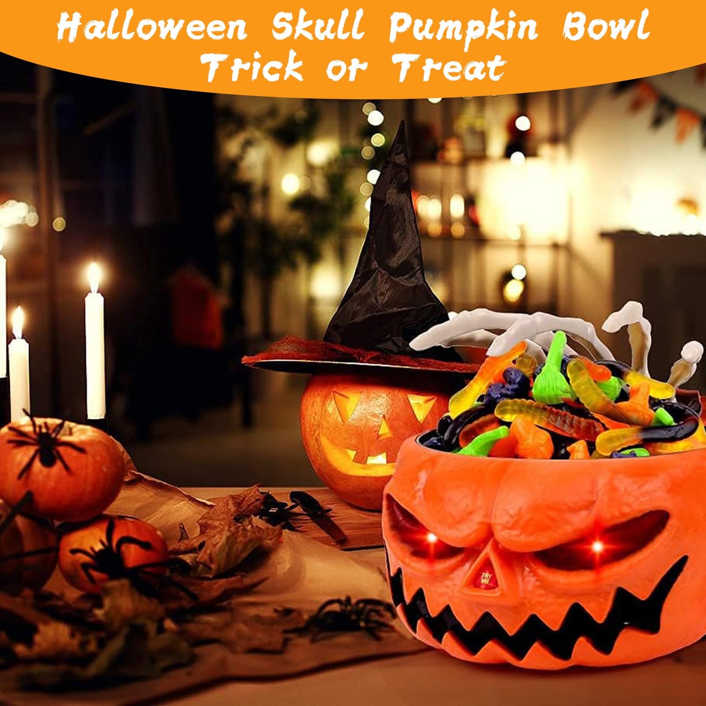 Halloween Candy Bowl, Animated Halloween Skull Pumpkin Bowl, Automatic Sensor/Button Press Scary Candy Dish with Creepy Moving Skeleton Hand and Scream for Trick or Treat to Kids(Pumpkin Style)