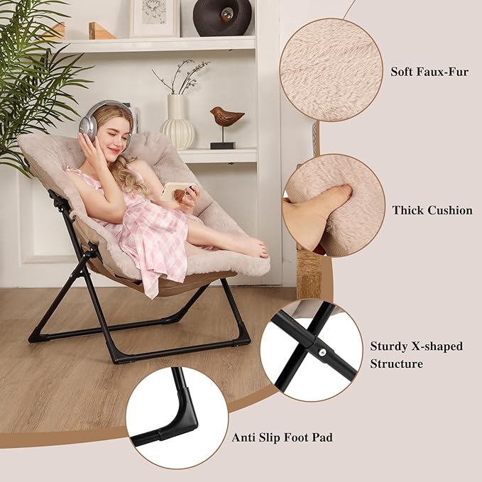 Comfy Saucer Chair for Adults, Soft Faux Fur Bedroom Chair, Accent Dorm Chairs