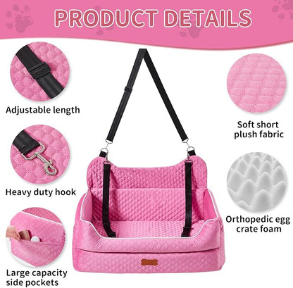 Dog Car Seat for Large/Medium Dogs - Memory Foam Dog Booster Seat for Under 55Lbs or 2 Small Dogs-Detachable and Washable Travel Bed with Thick Cushion and Storage Pockets-Pink