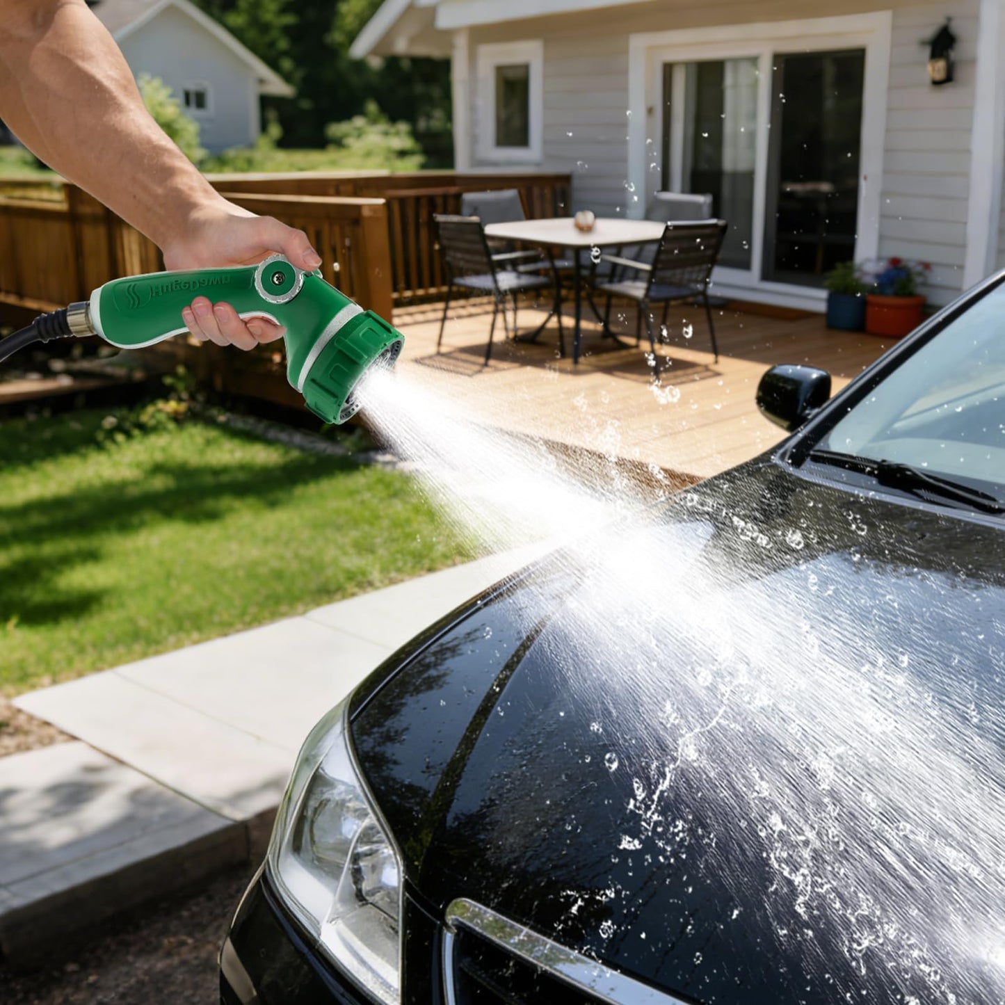 HugeDawn Garden Hose Nozzle with 7 Spray Patterns, Heavy Duty Metal Sprayer 30% Greater Water Flow for Watering, Car Wash, Outdoor Cleaning (Green)