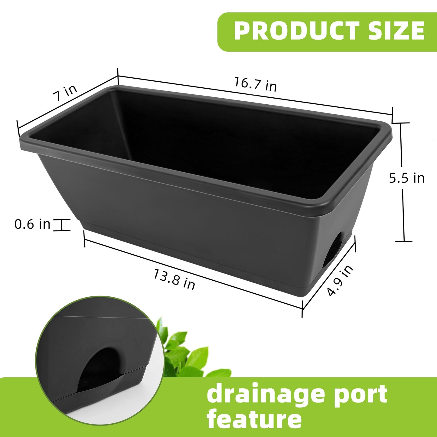 LOCONHA Window Box Planter, Plastic Vegetable Flower Planters Boxes 17 Inches Rectangular Flower Pots with Saucers for Indoor Outdoor Garden, Patio, Home Decor (7, Dark Grey)