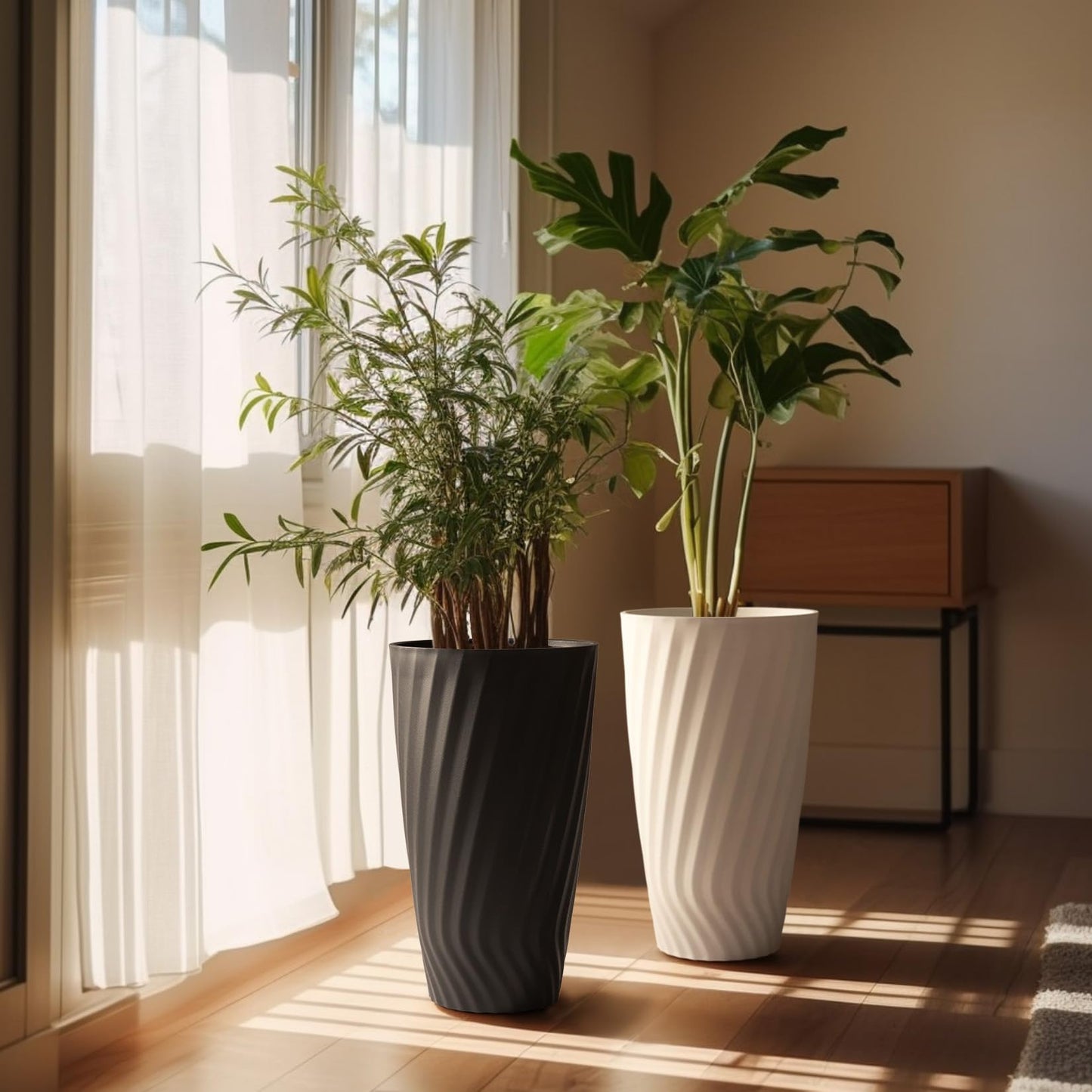 La Jolie Maison 24 Inch Tall Planters, Set of 2 Matte Black Tree Planters with Shelf Insert, Morden Large Round Plant Pots Containers for Indoor/Outdoor, Front Door, Patio and Deck
