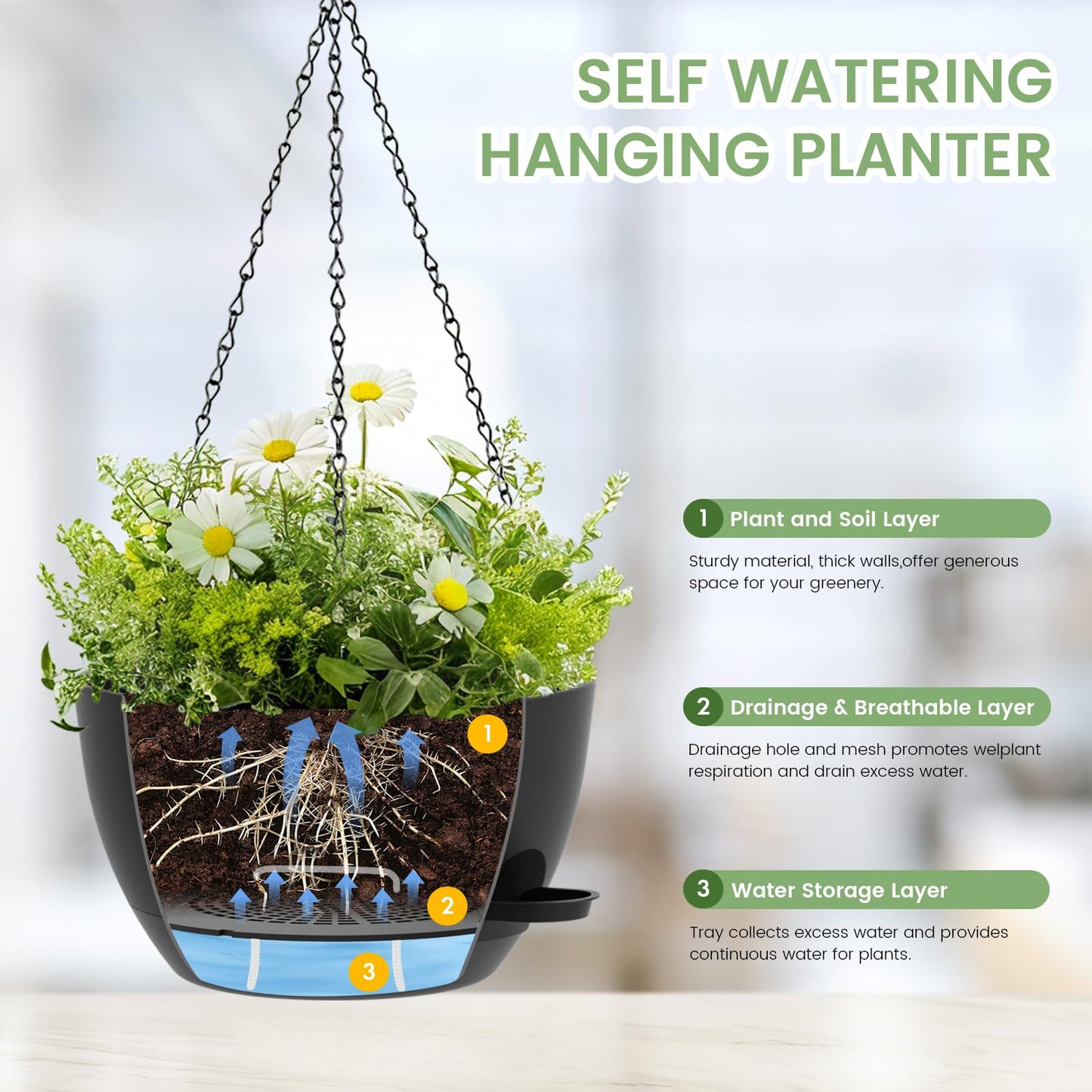 AHJZO 2 Pack 12 Hanging Flower Pots with Chains Self Watering Plastic Planters for Indoor Outdoor Plants, Sturdy Triangular Iron Chain Design for Garden PorchPlastic Hanging Flower pots (2, Black)