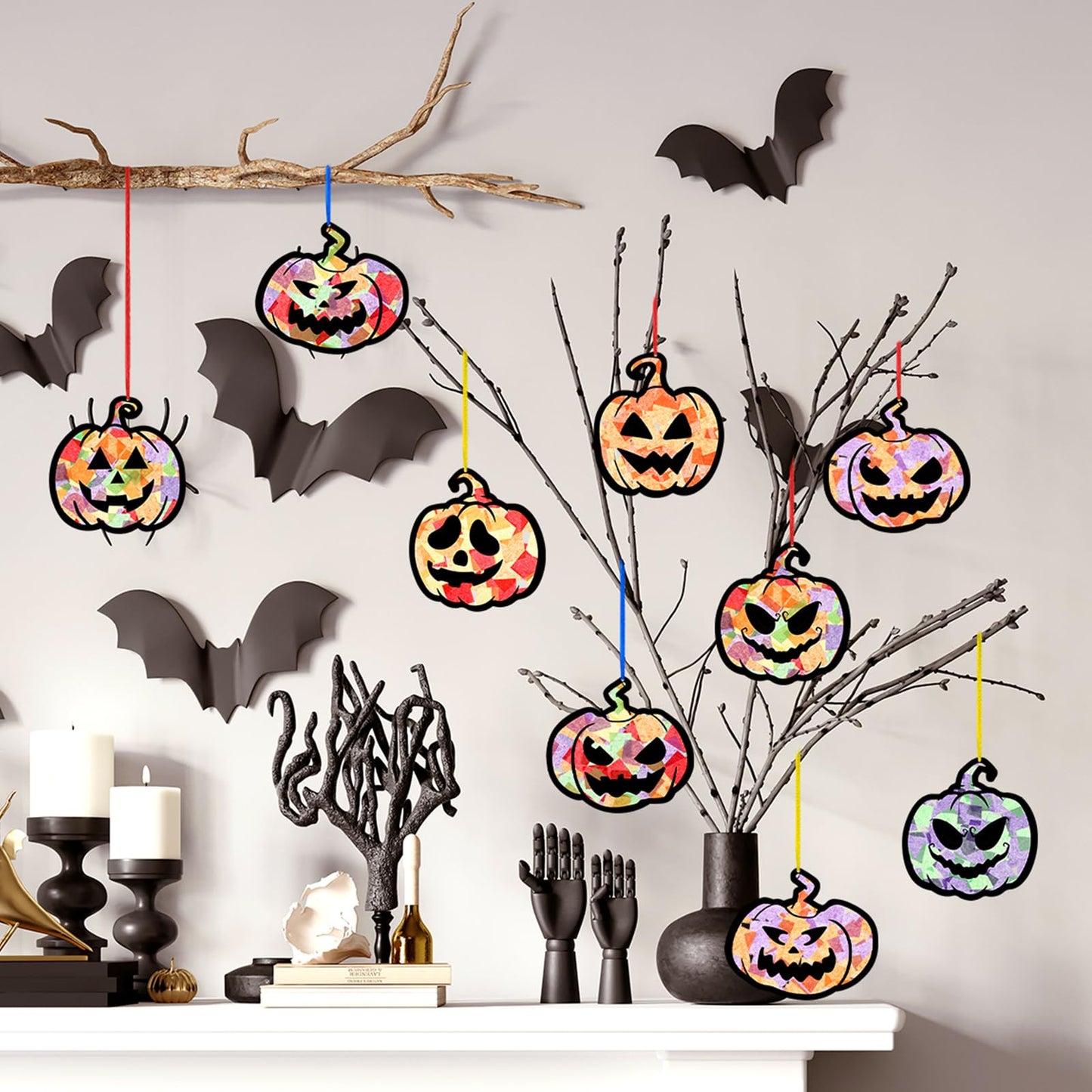 Yaomiao 30 Set Halloween Pumpkin Suncatchers Paper Crafts Kit DIY Shaped Stained Glass Effect Tissue Paper Hanging Suncatchers for Halloween Home Birthday Party Favors Gifts