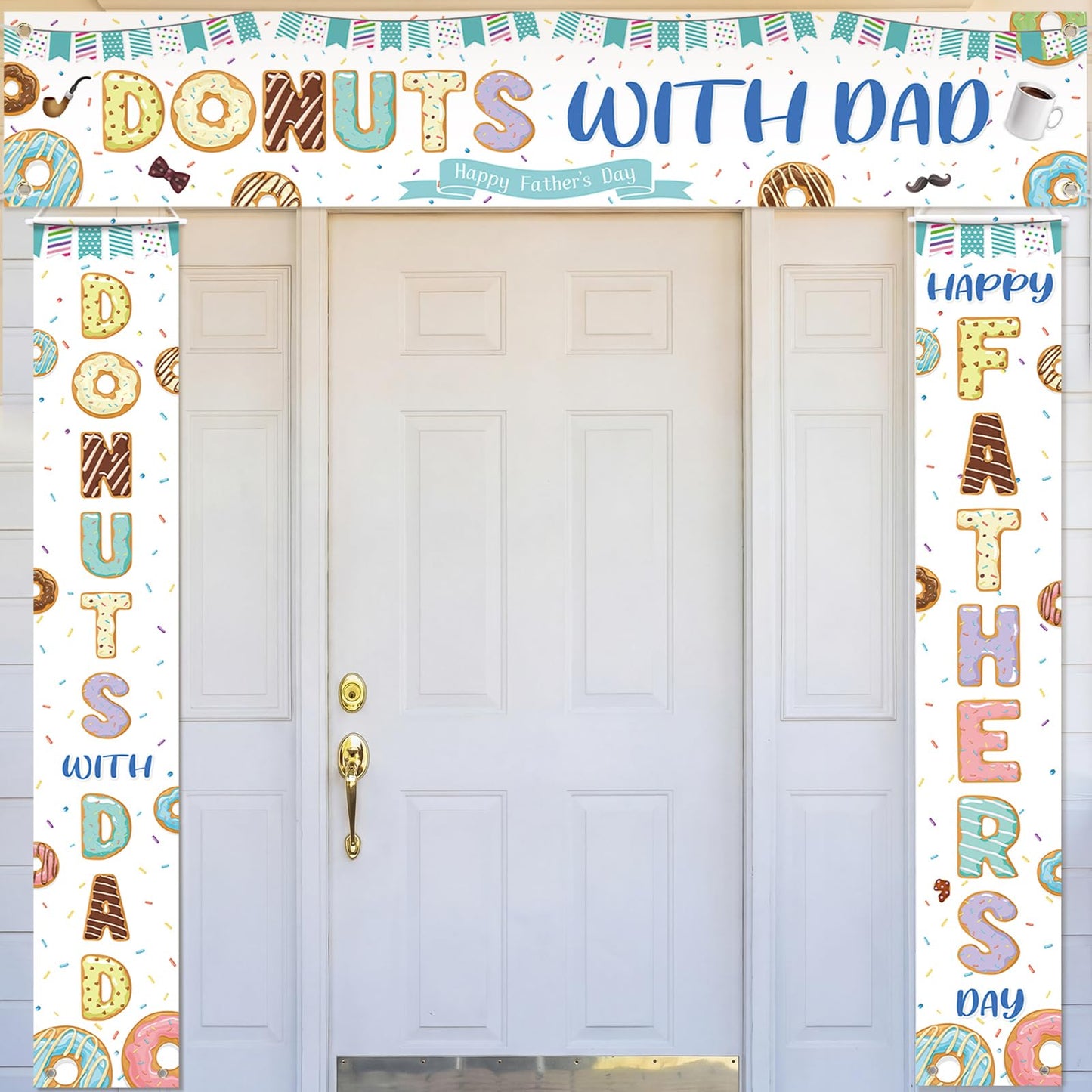 Fanfanwin 3 Pcs Happy Father's Day Banner Donuts with Dad Decorations Donuts Sprinkles Father Day Decor I Love Best Dad Ever Background Thank You Appreciation Party Supplies for Door Yard Decor