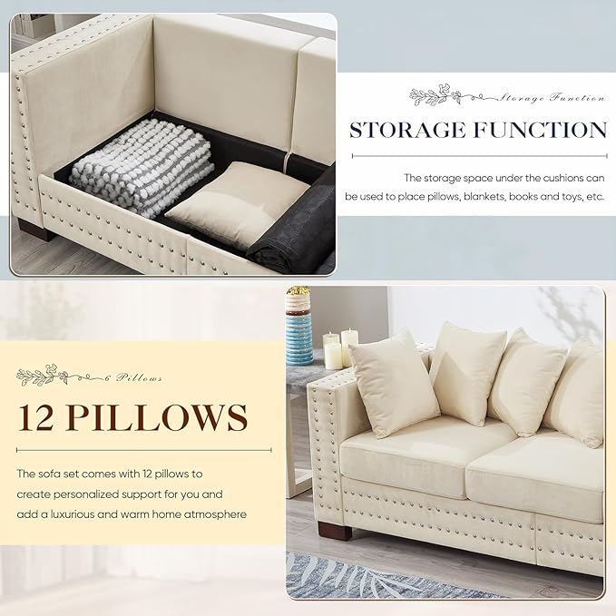 2 Piece Velvet Couch and Loveseat Sets, Mid Century Modern Couch