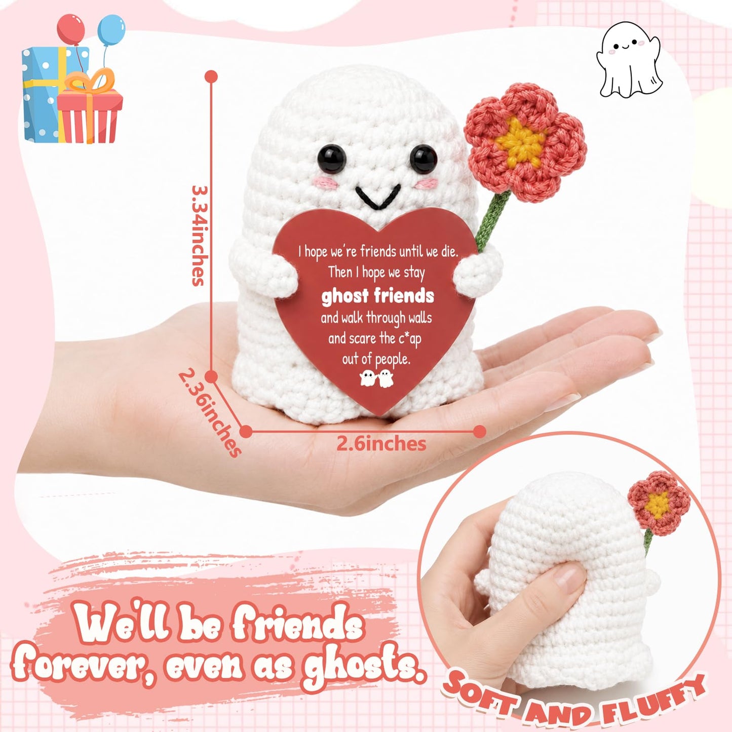 Best Friend for Women Friendship Ornaments - Handmade Crochet Ghost Decor with Funny Boo BFF Message Card, Halloween Stocking Stuffers, Cute Birthday Gift for Bestie Soul Sister