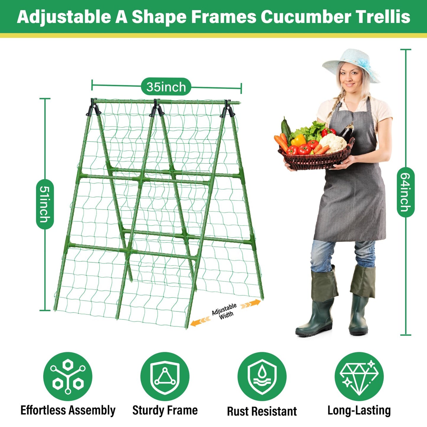 Sunwinx 2Pack 51x35Inch Cucumber Trellis for Raised Bed, Adjustable A-Frame Garden Trellis for Climbing Plants Outdoor with Climbing Net, Meal Plant Trellis for Vegetables Pea Bean Tomato Squash Grape